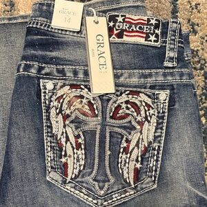 Grace in LA Women's Dark Blue Jeans with Red and Silver Embellishments